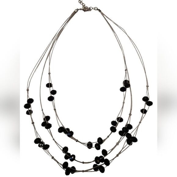 Vintage Floating Black Beaded Necklace Triple Strand 20" - Picture 3 of 5